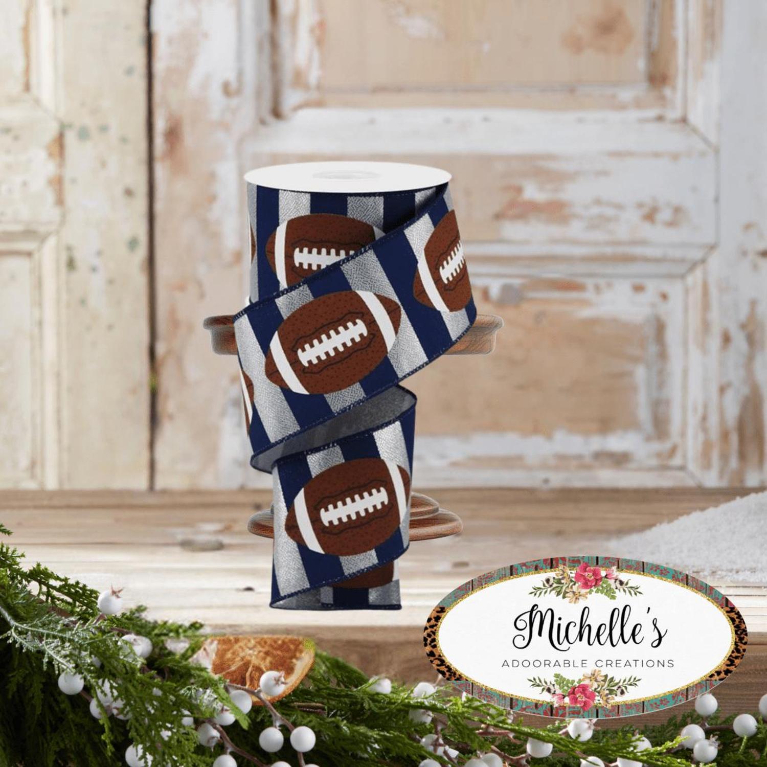 2.5" Footballs On Stripe Ribbon: Silver & Navy (10 Yards)