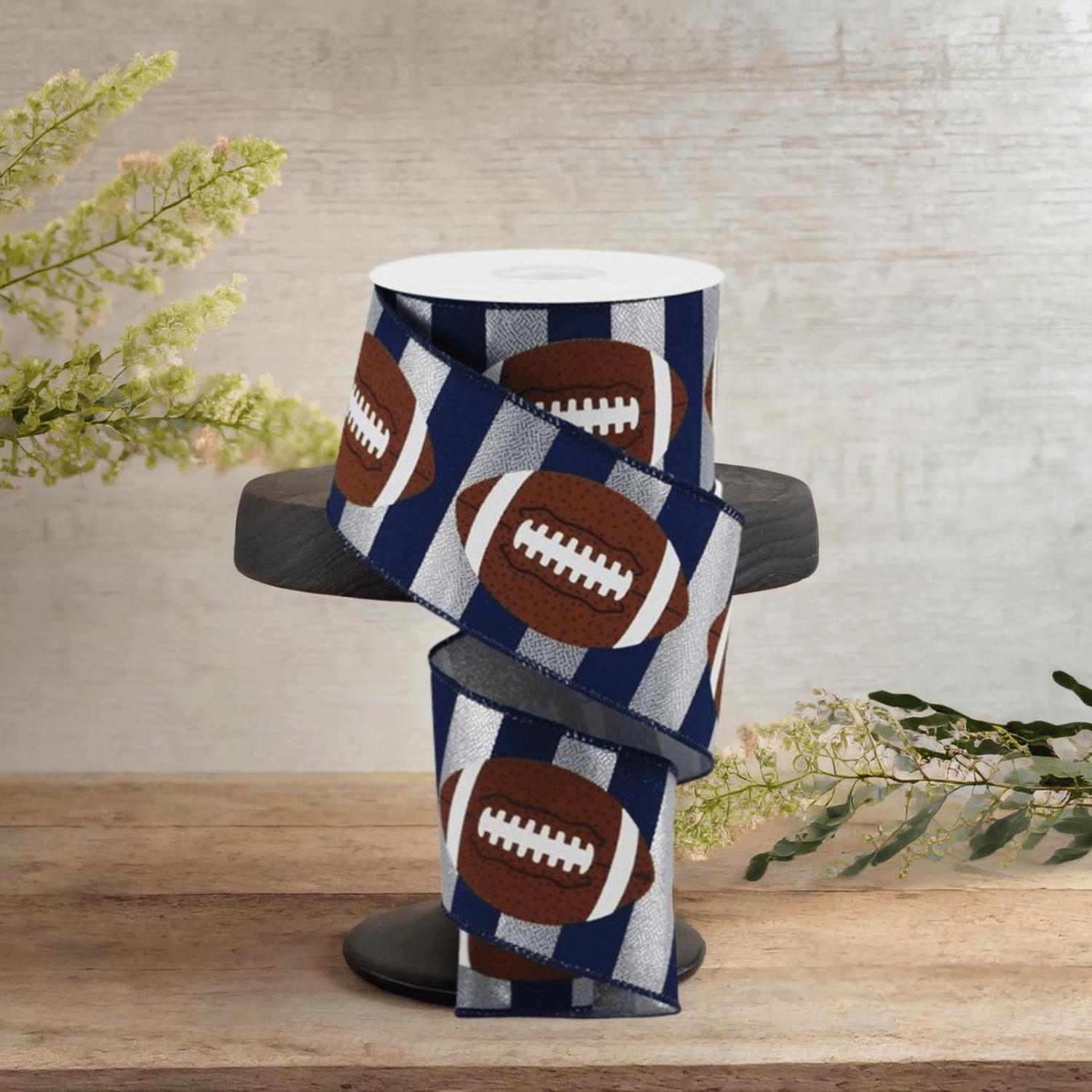 2.5" Footballs On Stripe Ribbon: Silver & Navy (10 Yards)