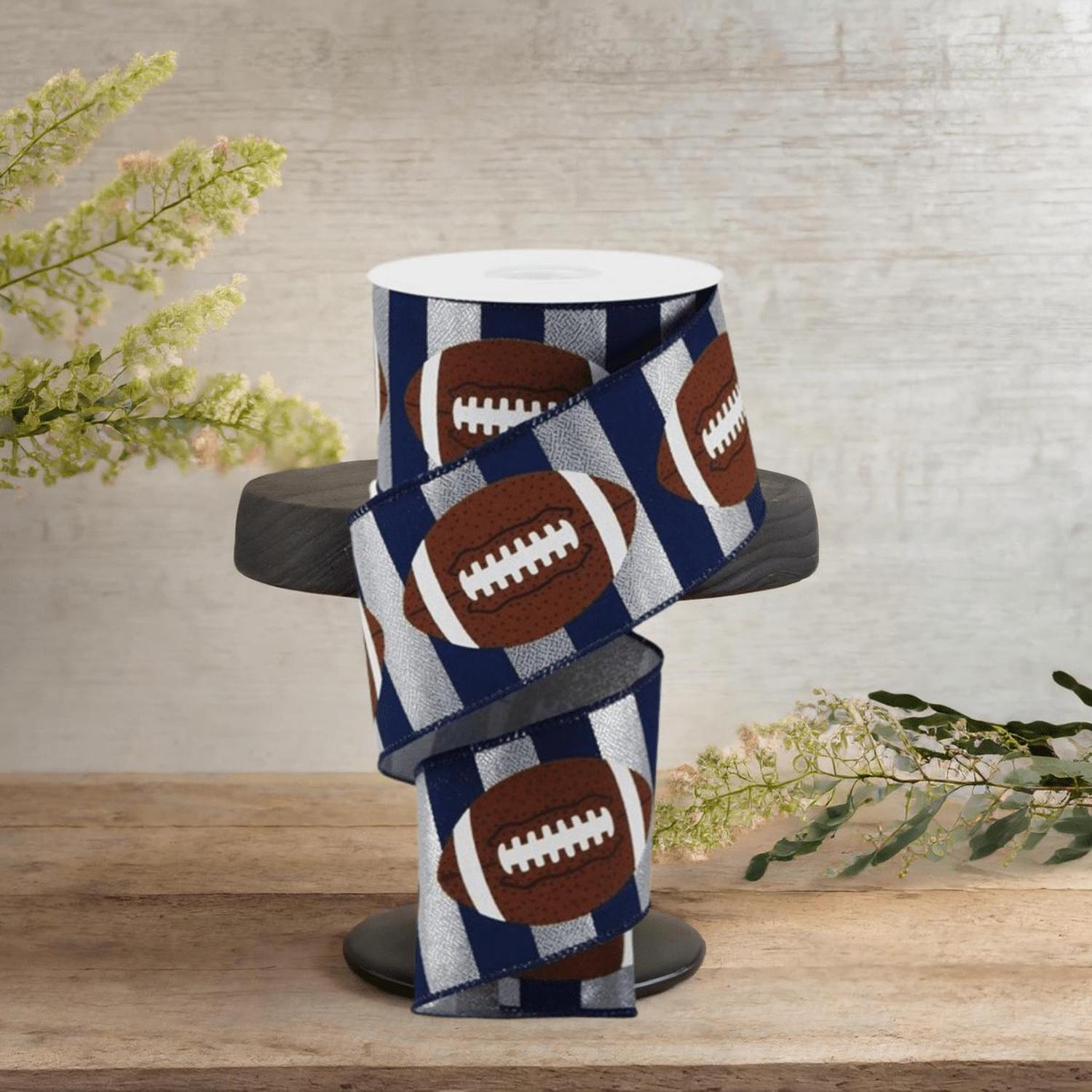 2.5" Footballs On Stripe Ribbon: Silver & Navy (10 Yards)