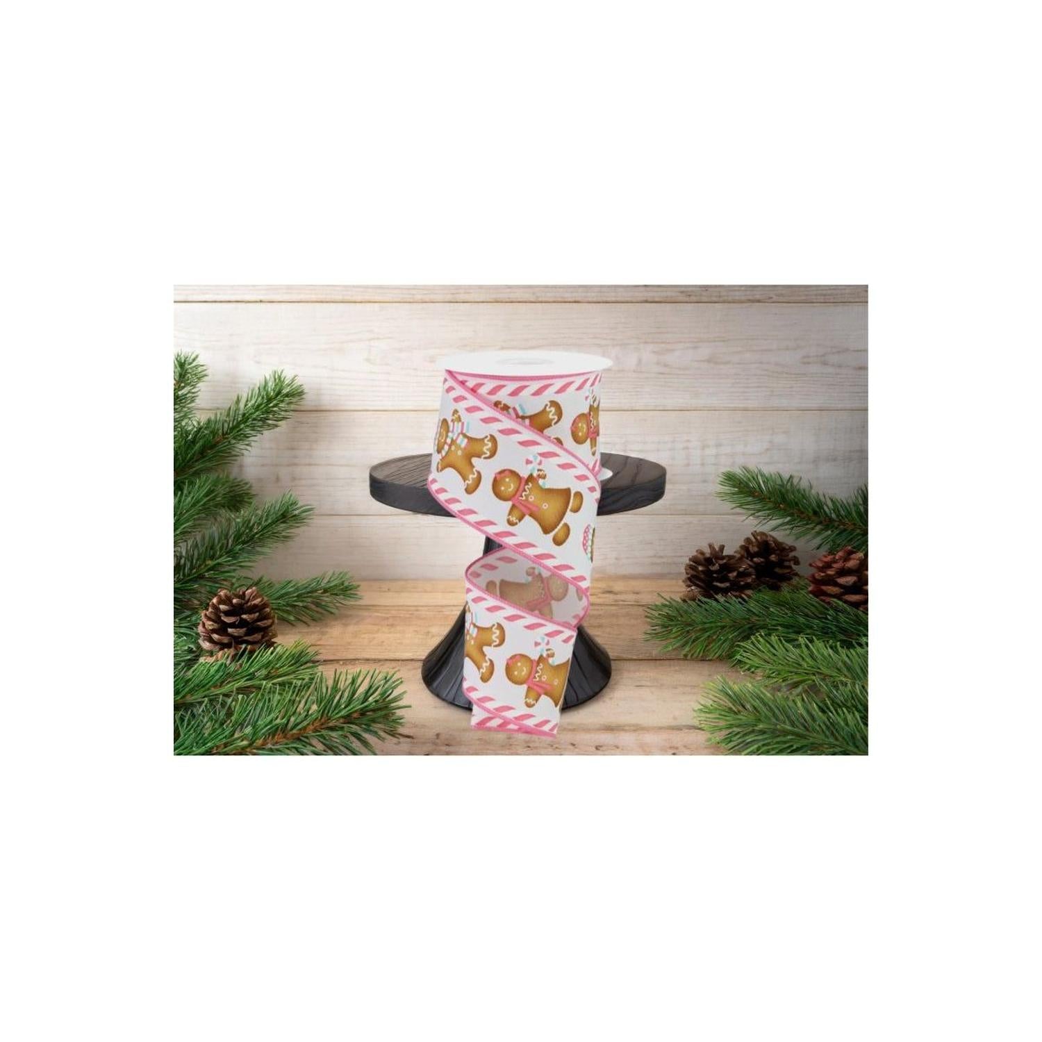 2.5" Gingerbread Boy Girl Ribbon: White/Pink (10 Yards)