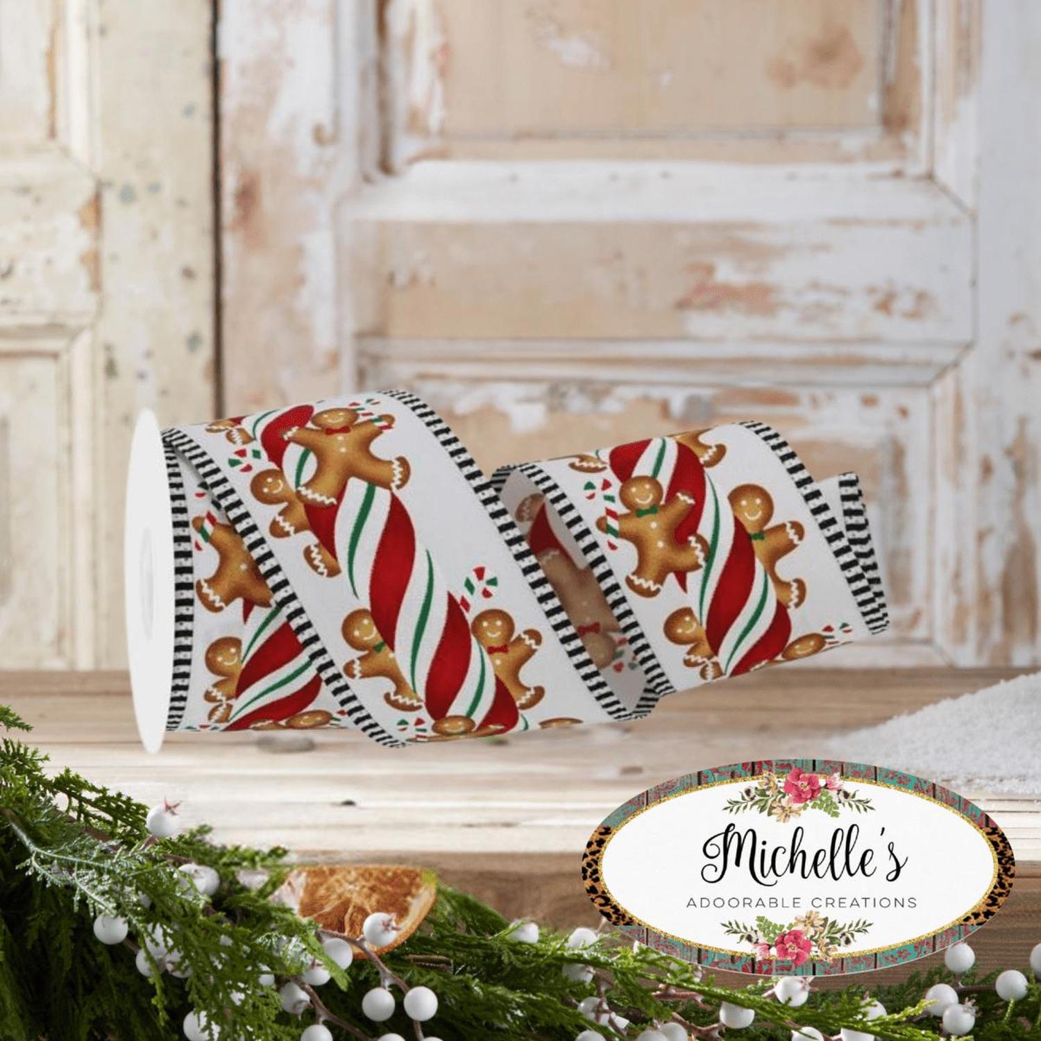 2.5" Gingerbread Kids Stripe Ribbon: White/Red (10 Yards)
