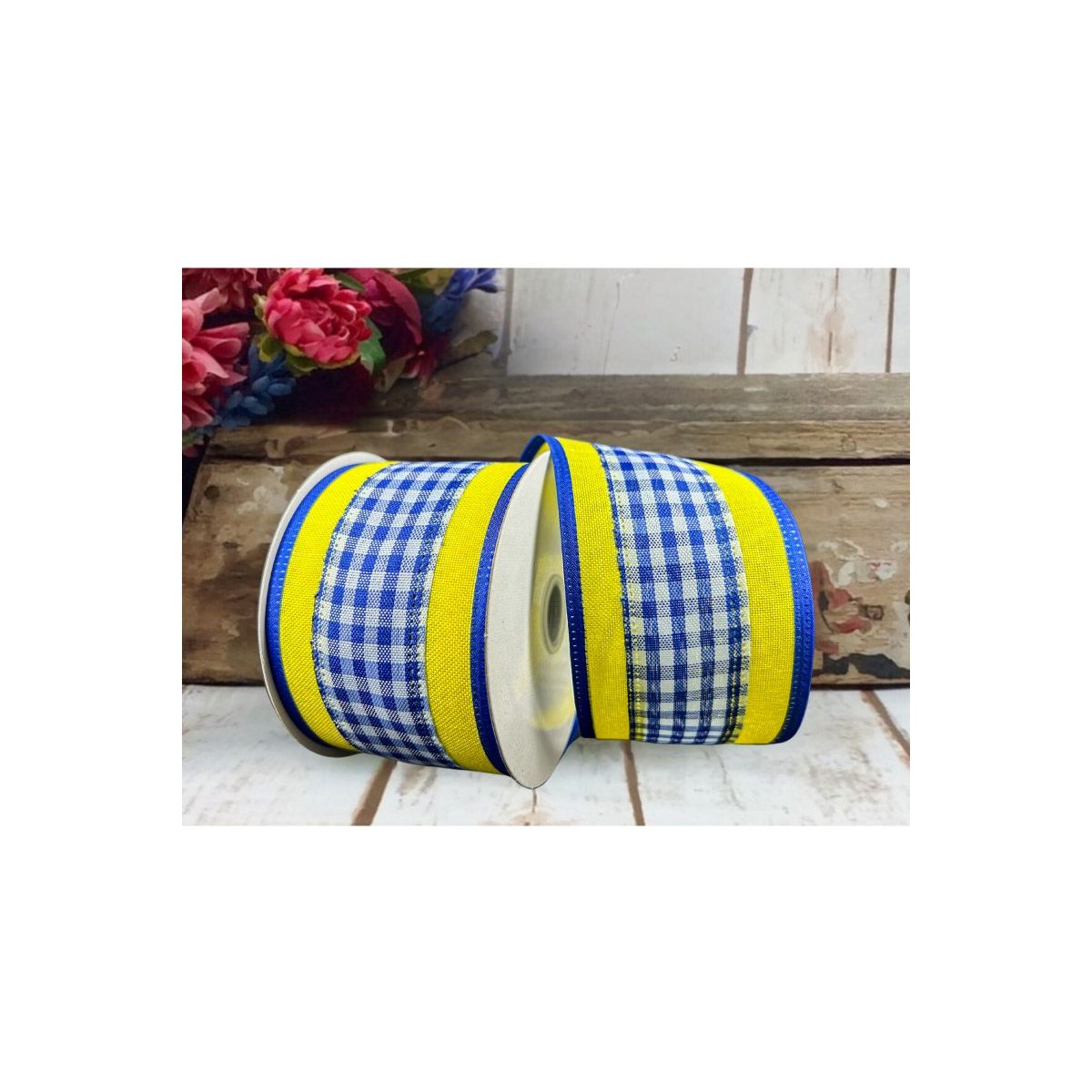 Shop For 2.5" Gingham Linen Edge Ribbon: Blue/Yellow (10 Yards)