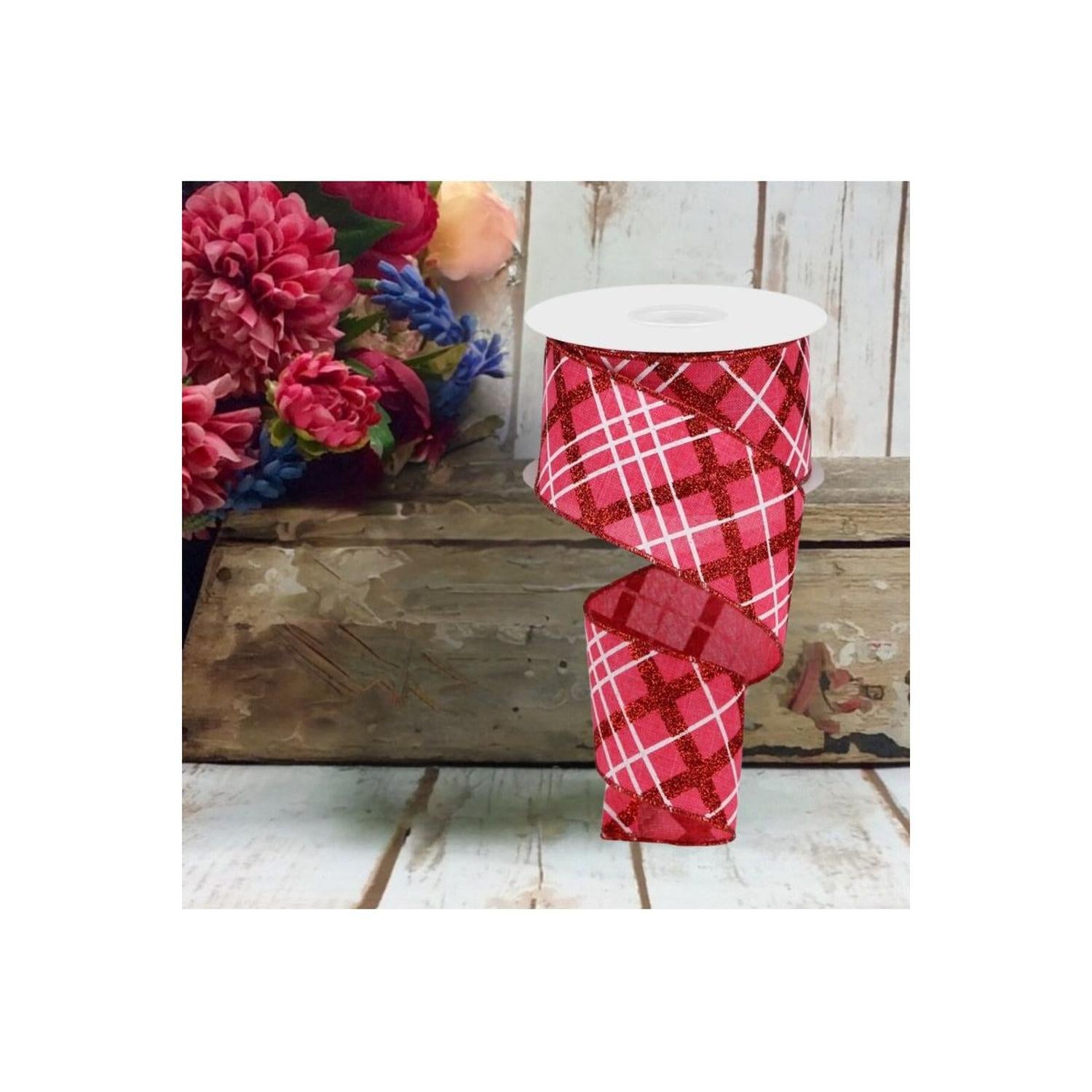 2.5" Glitter Diagonal Plaid: Hot Pink/Red (10 Yard)