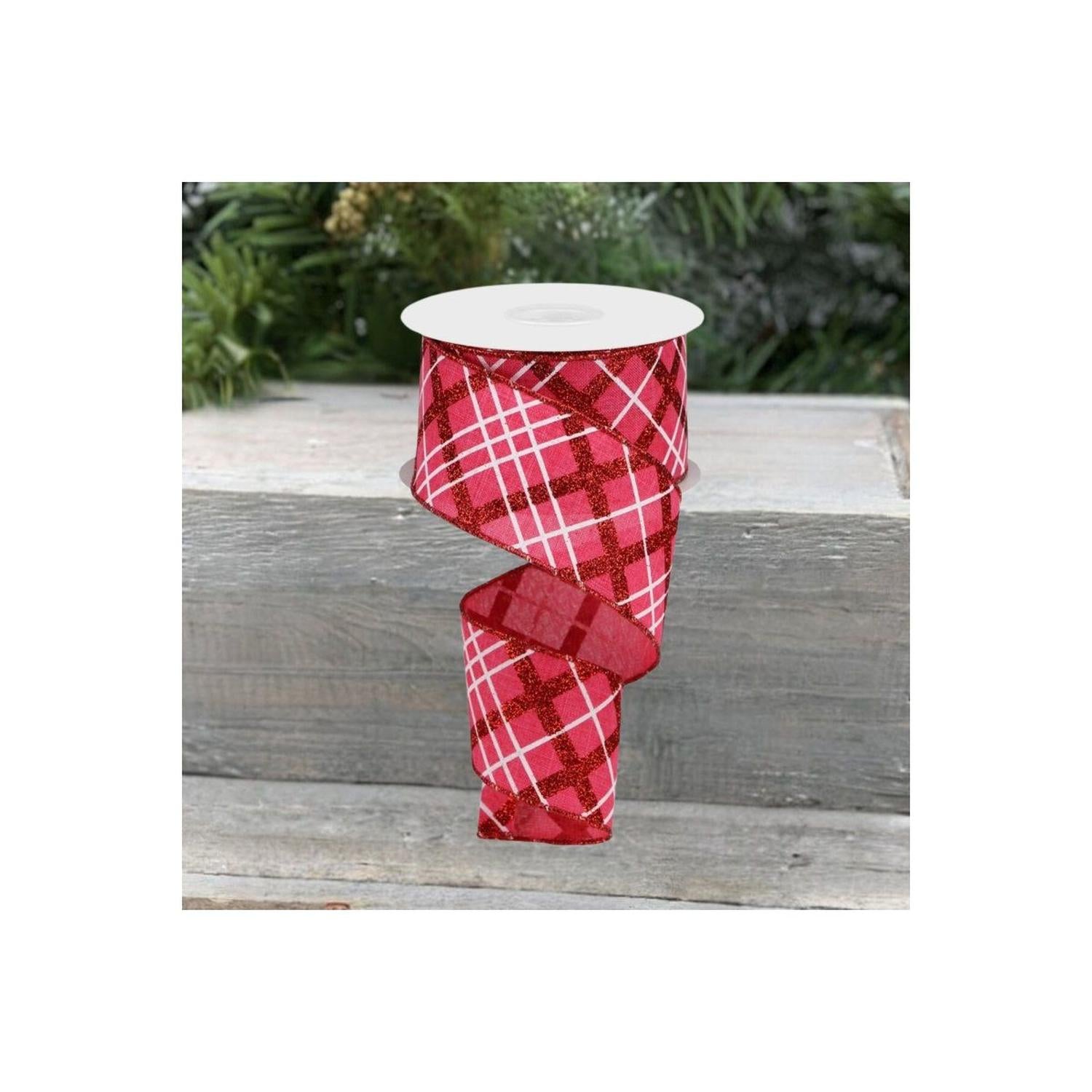 Shop For 2.5" Glitter Diagonal Plaid: Hot Pink/Red (10 Yard)