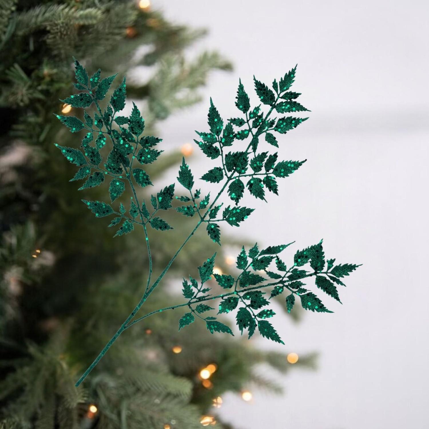 25" Glitter Fern Spray: Hunter Green