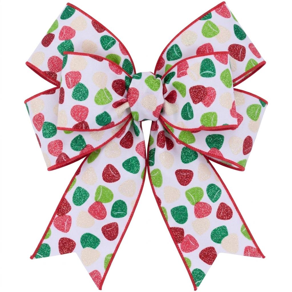 Pre-tied bow made from white glitter gumdrop wired ribbon