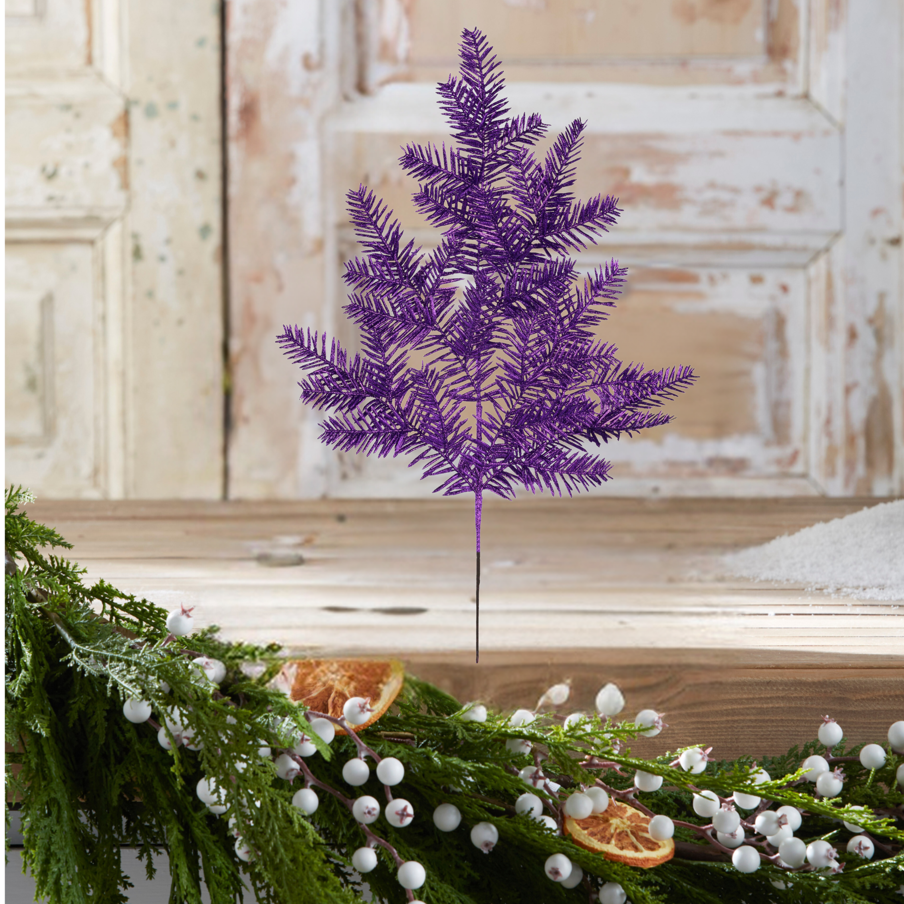 Shop For 25" Glitter Hemlock Spray: Purple