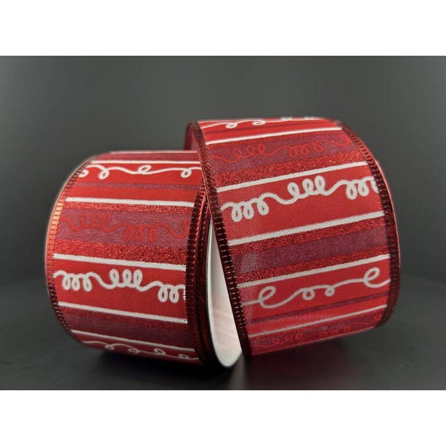 2.5" Glitter Loopy Stripes Ribbon: Dark Red & White