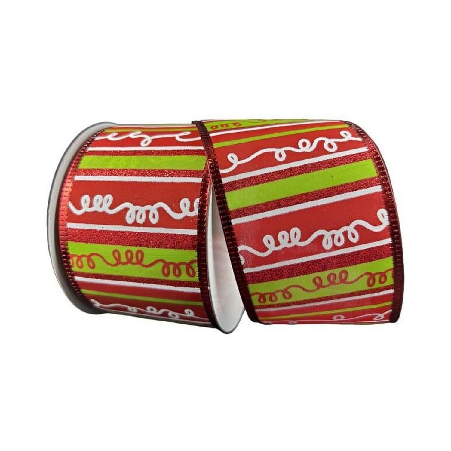 2.5" Glitter Loopy Stripes Ribbon: Lime, Red, White