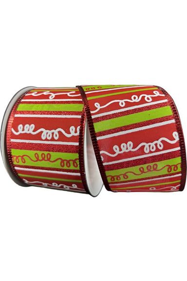 Shop For 2.5" Glitter Loopy Stripes Ribbon: Lime, Red, White (10 Yards) at Michelle's aDOORable Creations