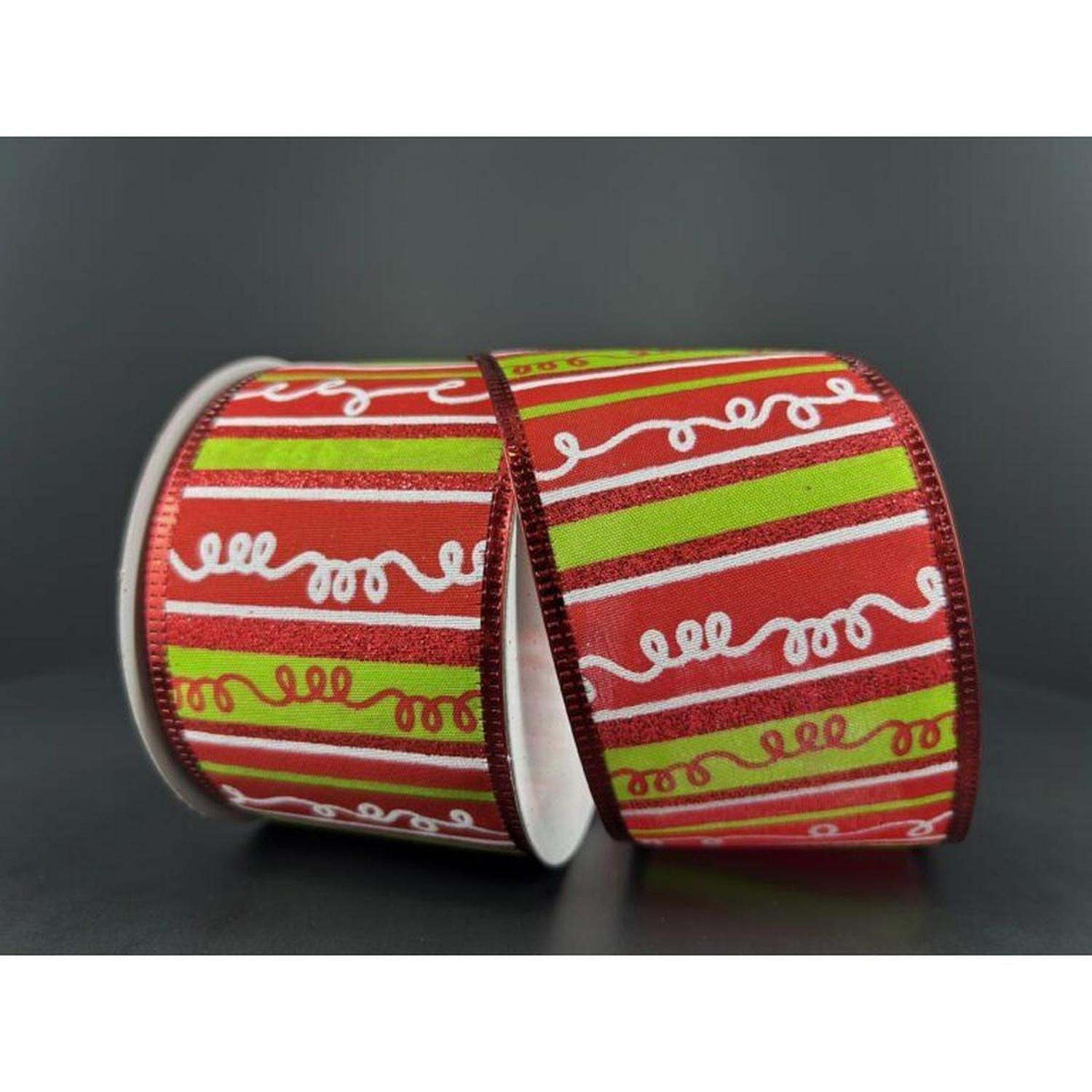 2.5" Glitter Loopy Stripes Ribbon: Lime, Red, White
