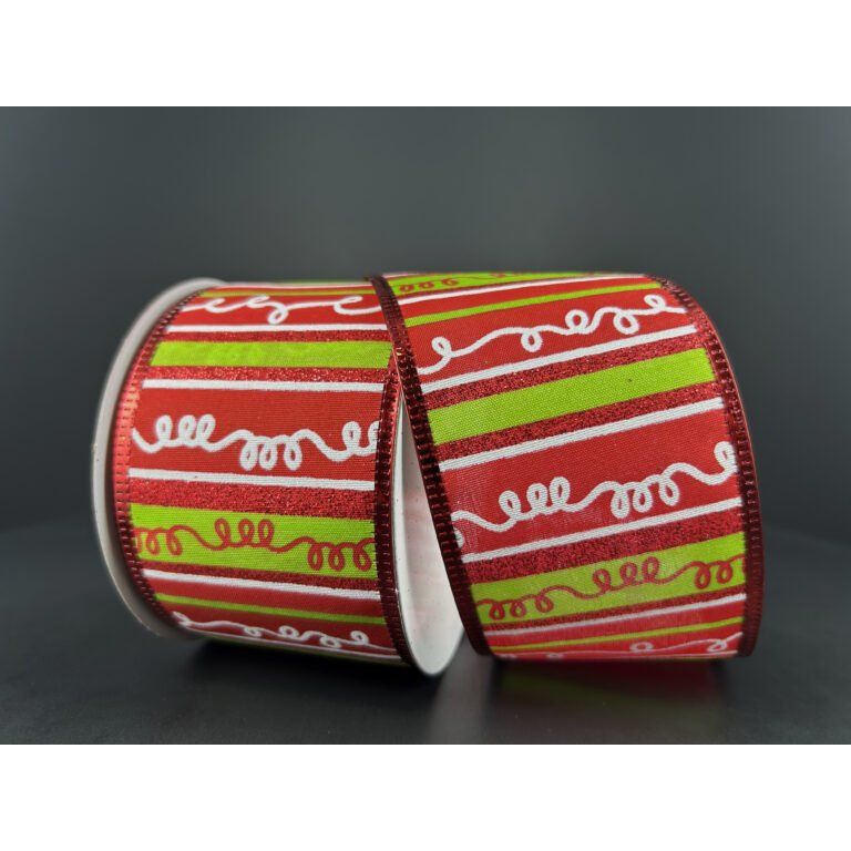 Shop For 2.5" Glitter Loopy Stripes Ribbon: Lime, Red, White (10 Yards) at Michelle's aDOORable Creations