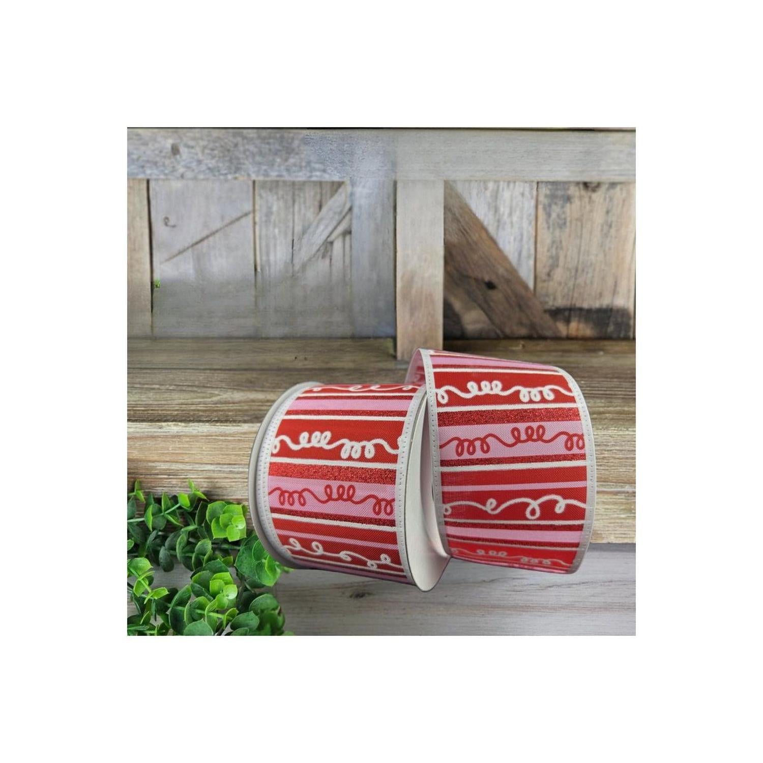 2.5" Glitter Loopy Stripes Ribbon: Pink, Red (10 Yards)