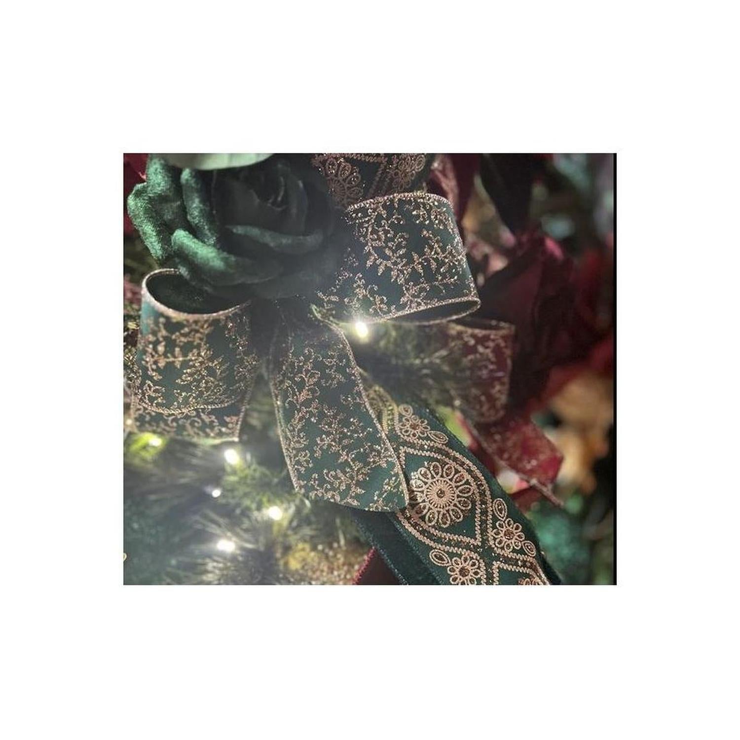 2.5" Glitter Mini Leaf Vines Ribbon: Hunter Green/Gold (10 Yards)