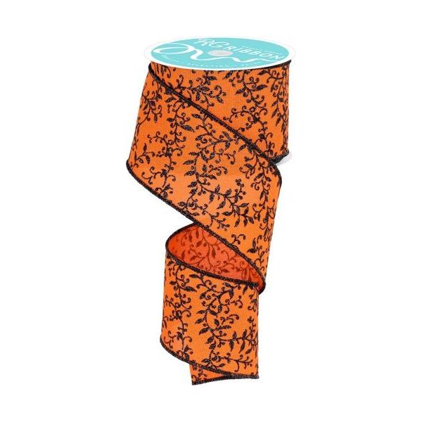 Shop For 2.5" Glitter Mini Leaf Vines Ribbon: Orange/Black (10 Yards) at Michelle's aDOORable Creations