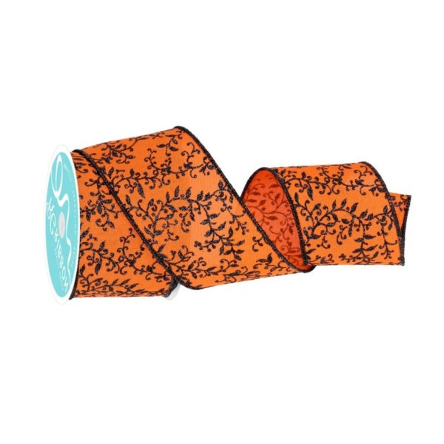 2.5" Glitter Mini Leaf Vines Ribbon: Orange/Black (10 Yards)