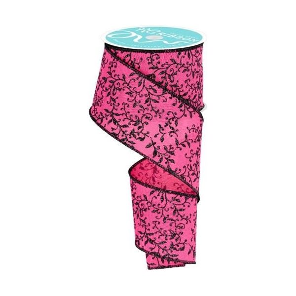 Shop For 2.5" Glitter Mini Leaf Vines Ribbon: Pink/Black (10 Yards) at Michelle's aDOORable Creations