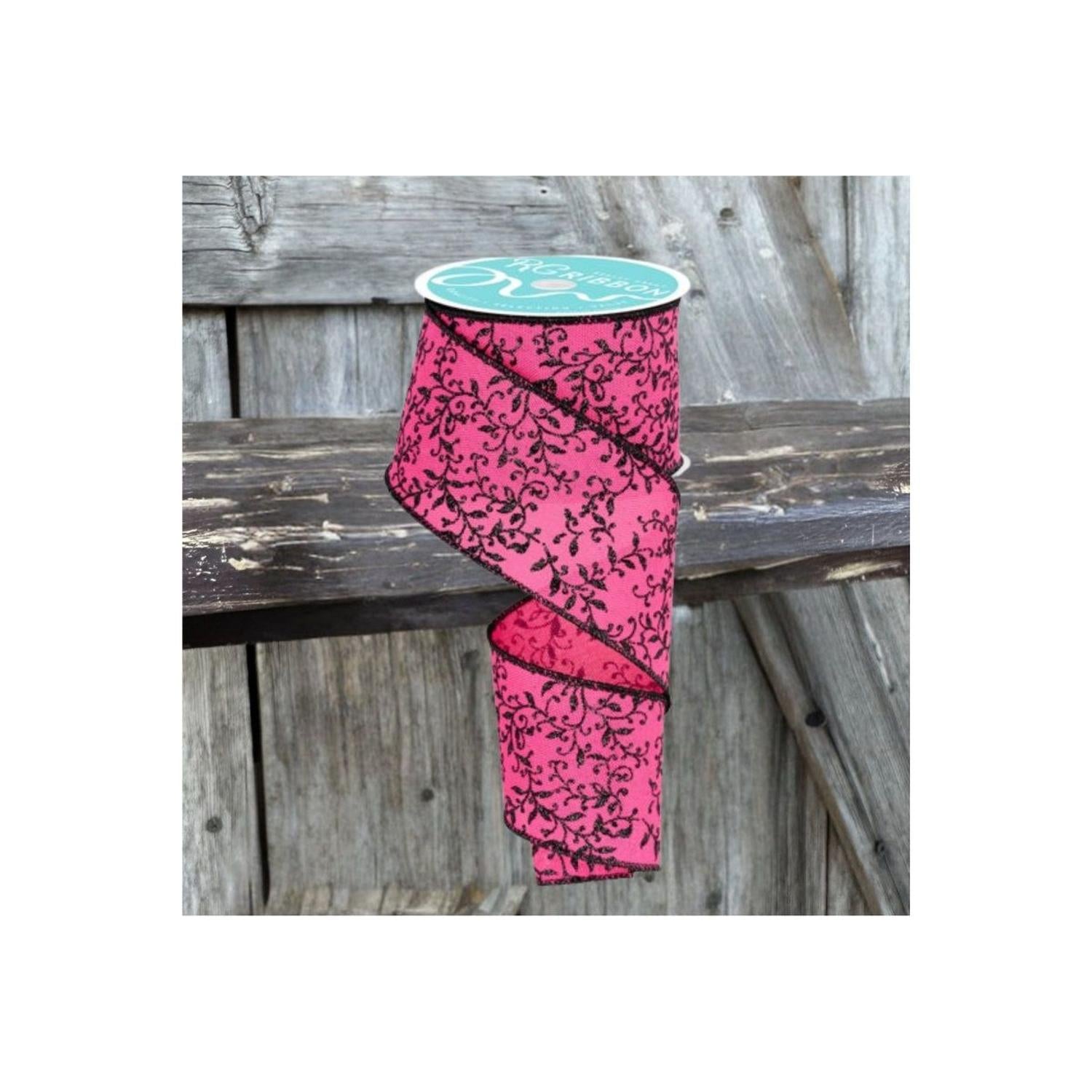 2.5" Glitter Mini Leaf Vines Ribbon: Pink/Black (10 Yards)