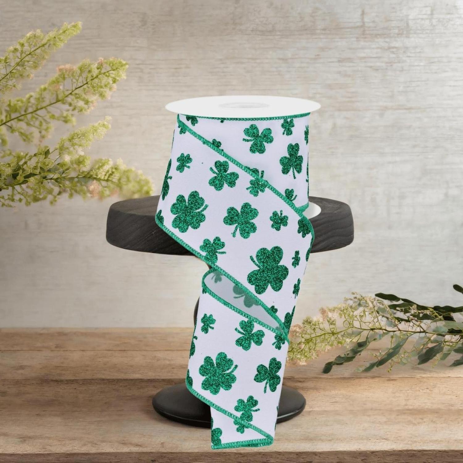 2.5" Glitter Shamrocks Ribbon: White (10 Yards)