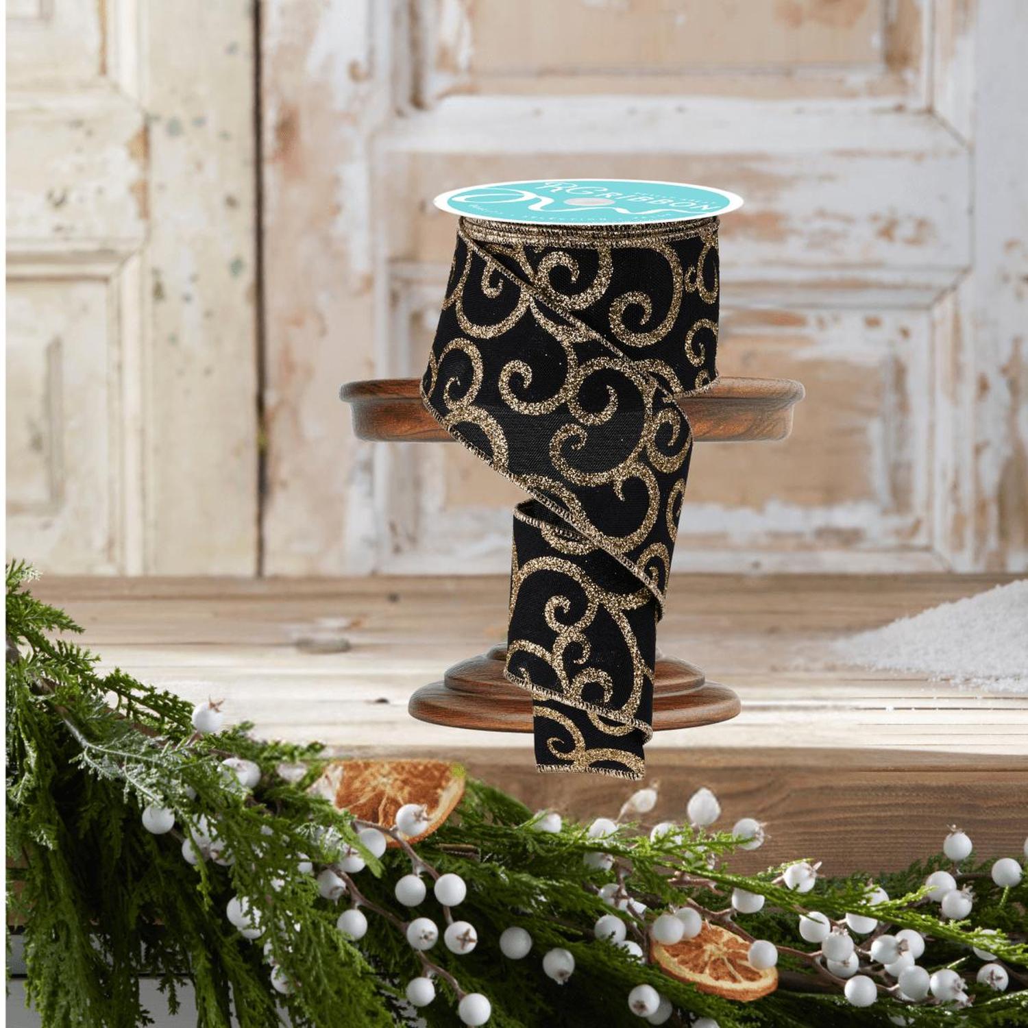 Shop For 2.5" Glitter Swirl Ribbon: Black/Gold (10 Yards)