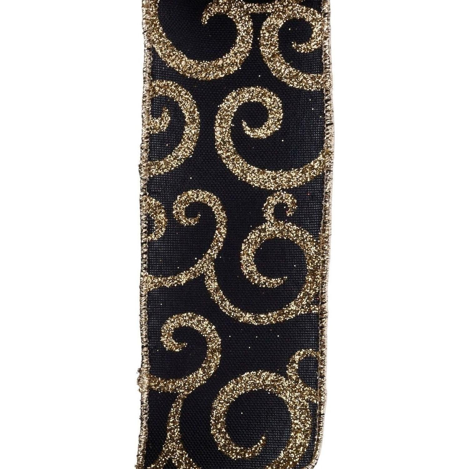 2.5" Glitter Swirl Ribbon: Black/Gold (10 Yards)