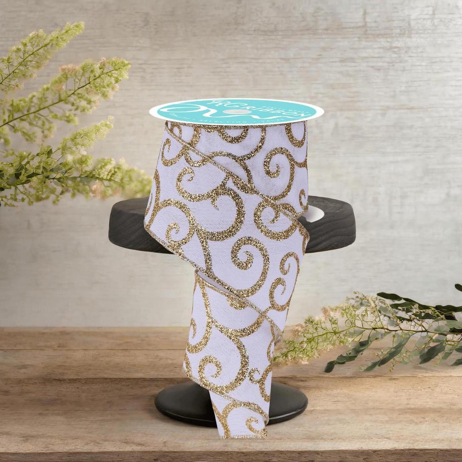 2.5" Glitter Swirl Ribbon: White/Gold (10 Yards)