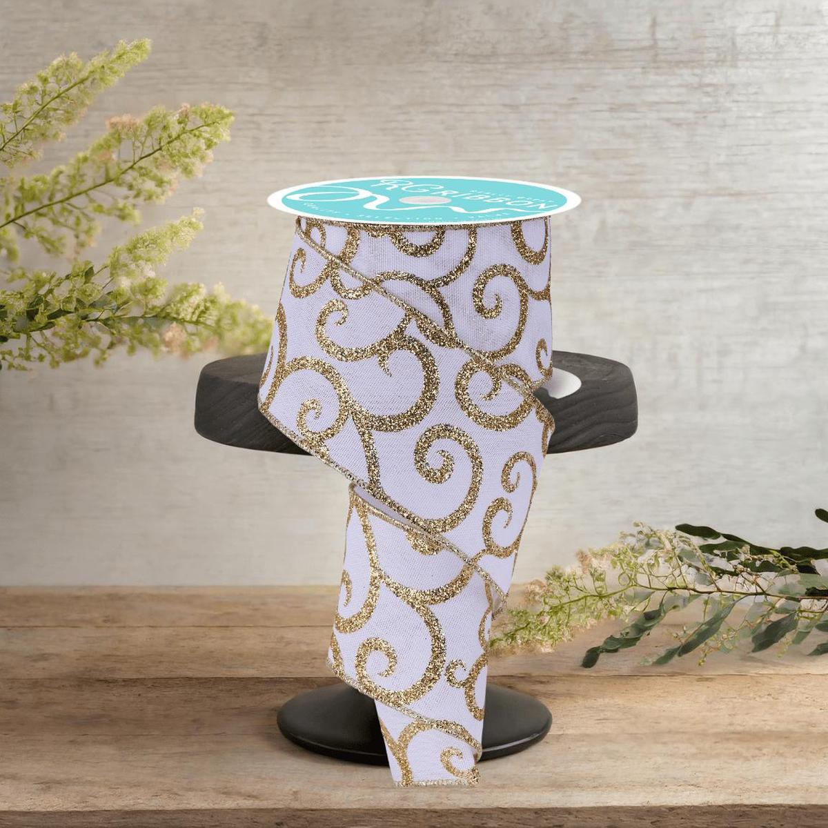 Shop For 2.5" Glitter Swirl Ribbon: White/Gold (10 Yards)