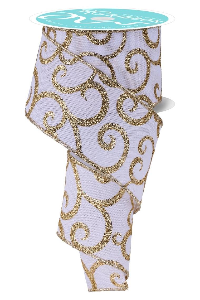 Shop For 2.5" Glitter Swirl Ribbon: White/Gold (10 Yards)