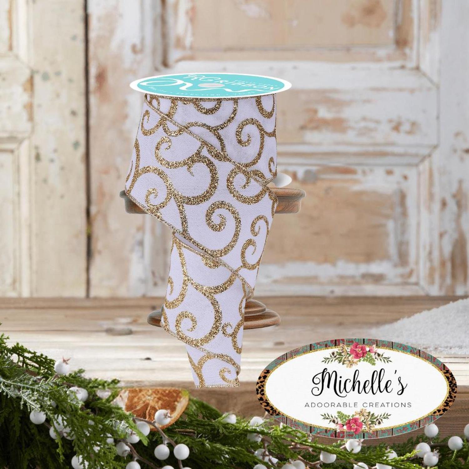 2.5" Glitter Swirl Ribbon: White/Gold (10 Yards)