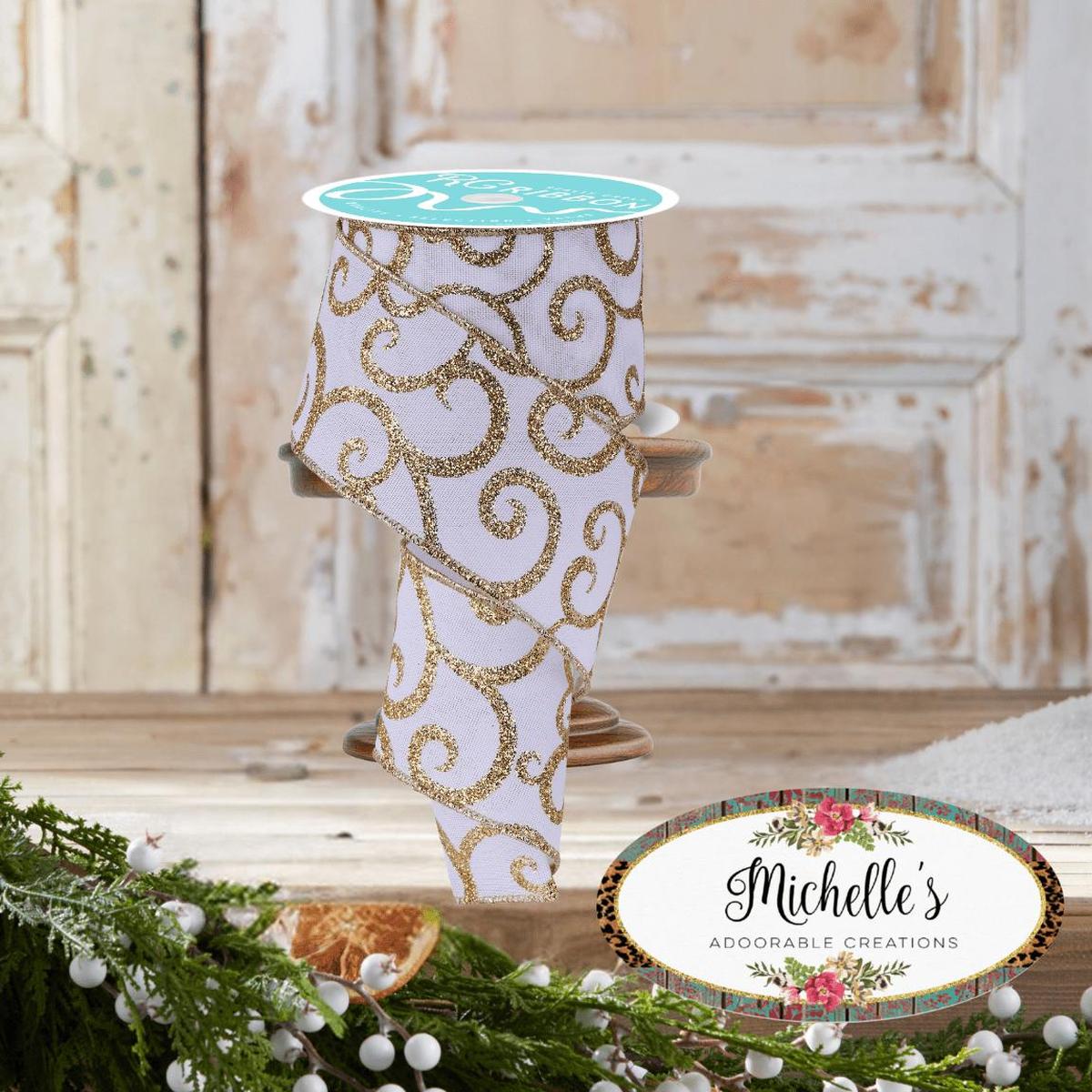 Shop For 2.5" Glitter Swirl Ribbon: White/Gold (10 Yards)