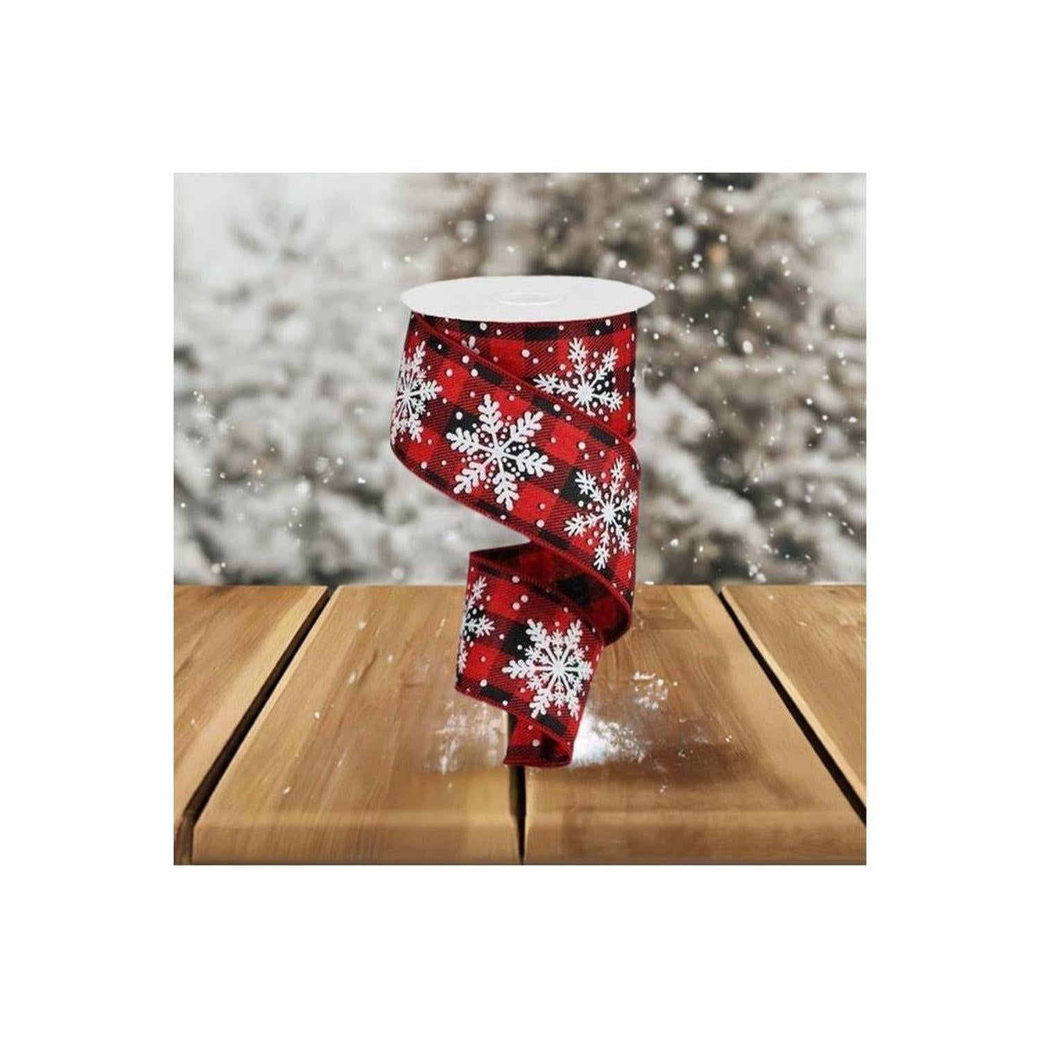 2.5" Glittered Snowflakes Ribbon: Buffalo Plaid (10 Yards)