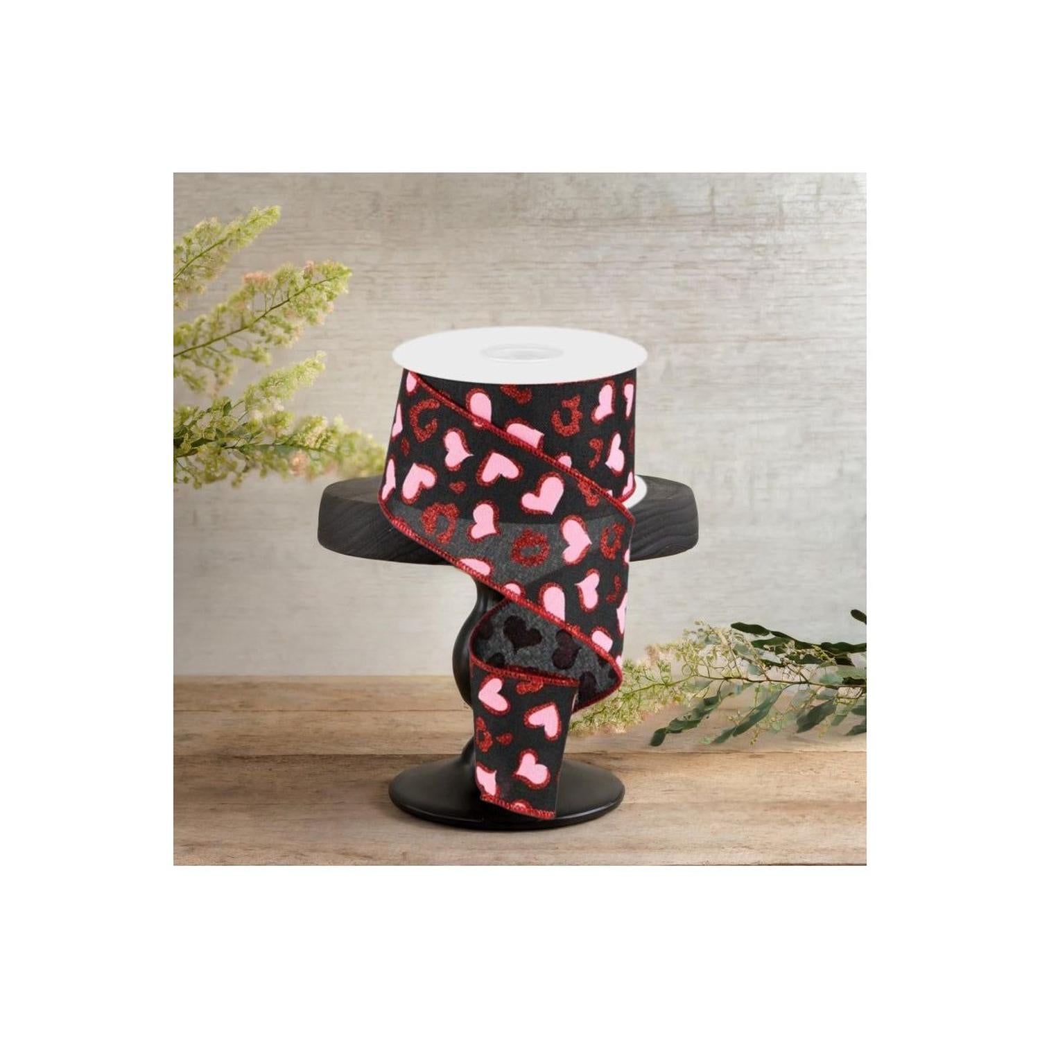 2.5" Heart Leopard Spots Ribbon: Black (10 Yards)