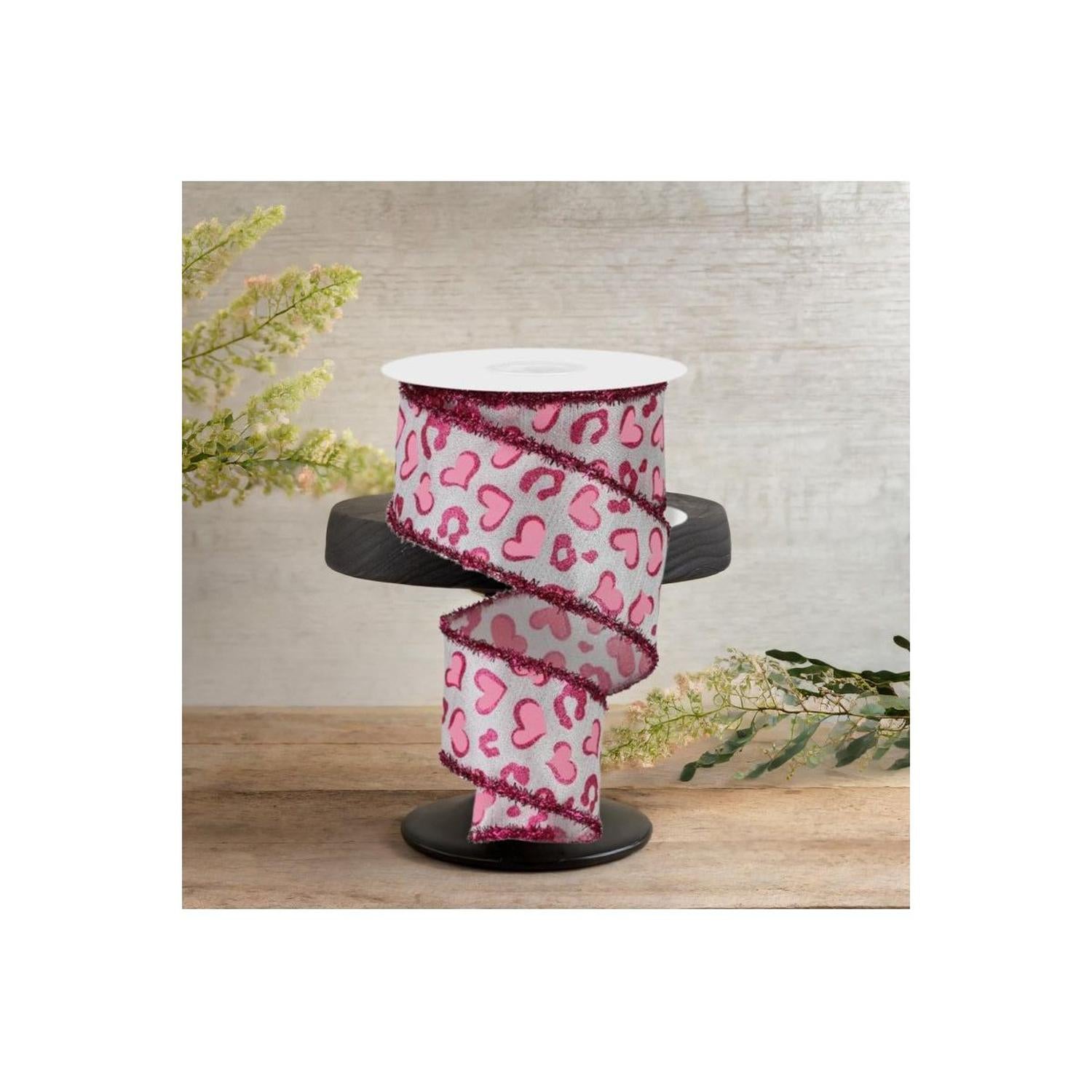 2.5" Heart Leopard Tinsel Edge Ribbon: White (10 Yards)