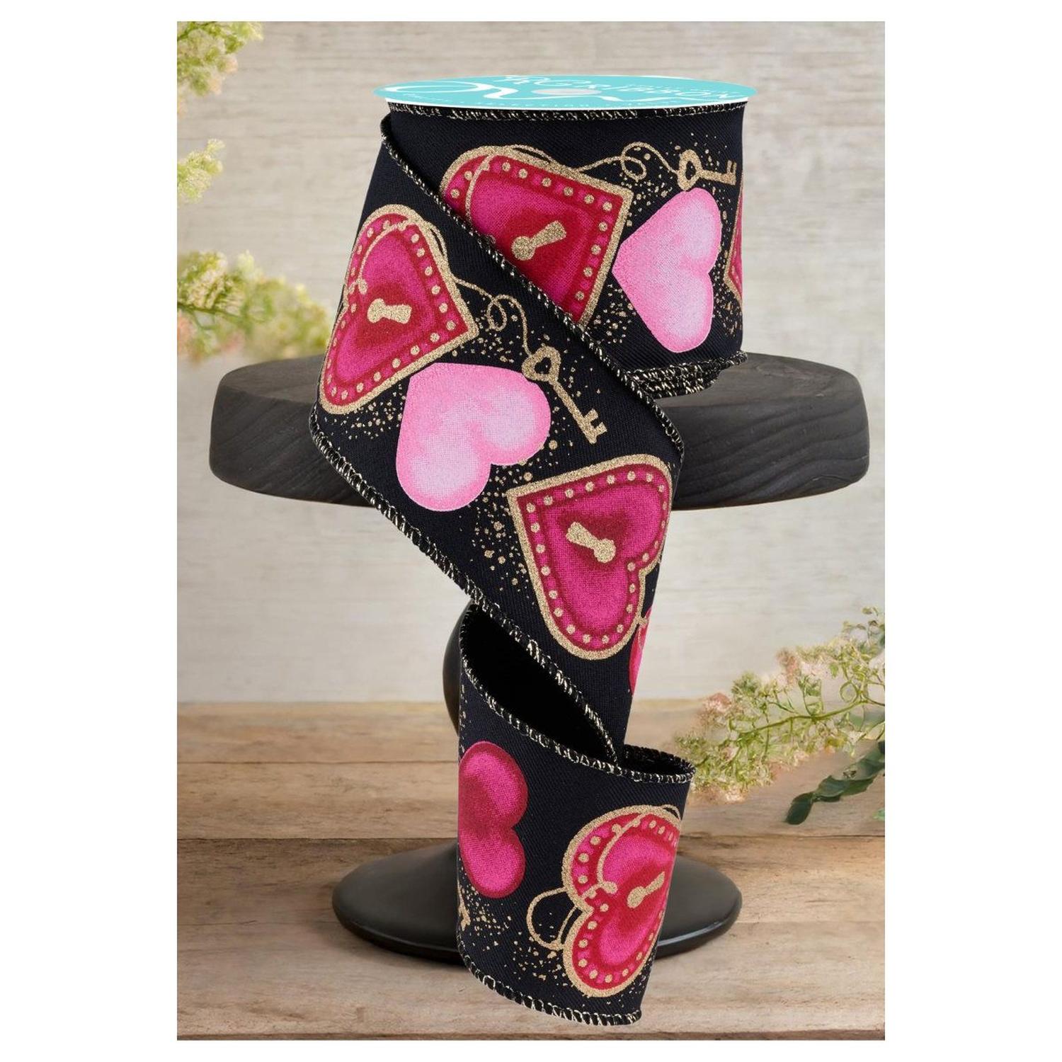 2.5" Heart Locks Ribbon: Black (10 Yards)