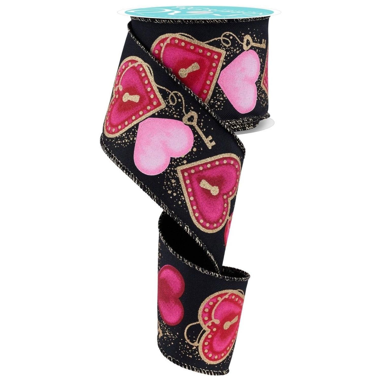 2.5" Heart Locks Ribbon: Black (10 Yards)