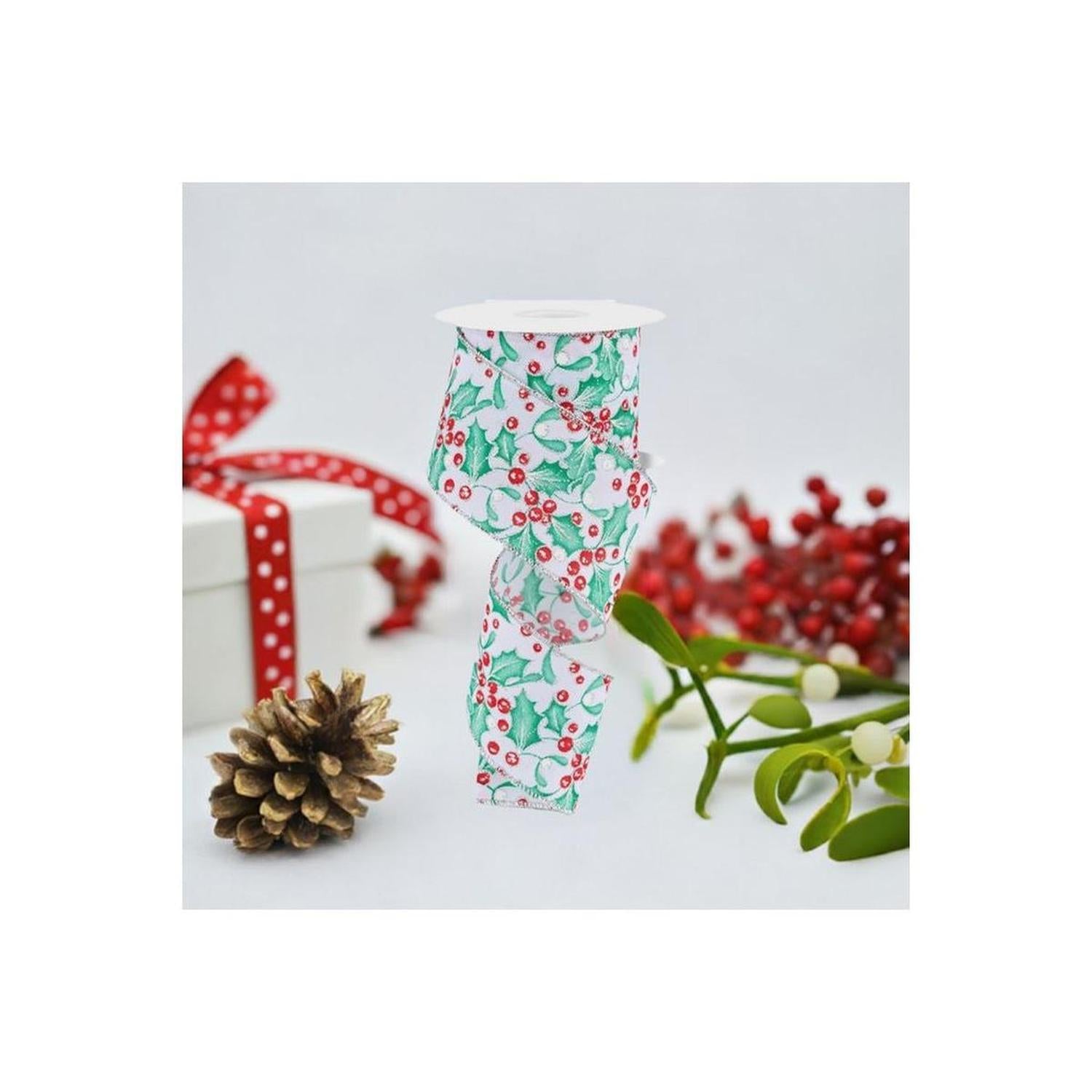 Shop For 2.5" Holly Berry Mistletoe Ribbon: White/Mint (10 Yards) at Michelle's aDOORable Creations
