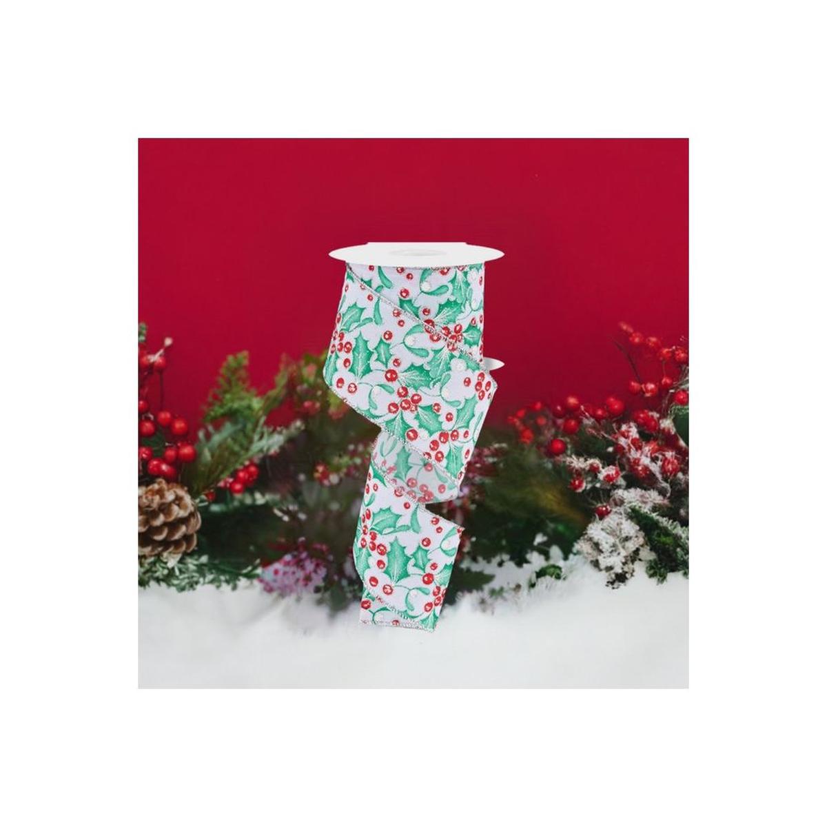 Shop For 2.5" Holly Berry Mistletoe Ribbon: White/Mint (10 Yards) at Michelle's aDOORable Creations
