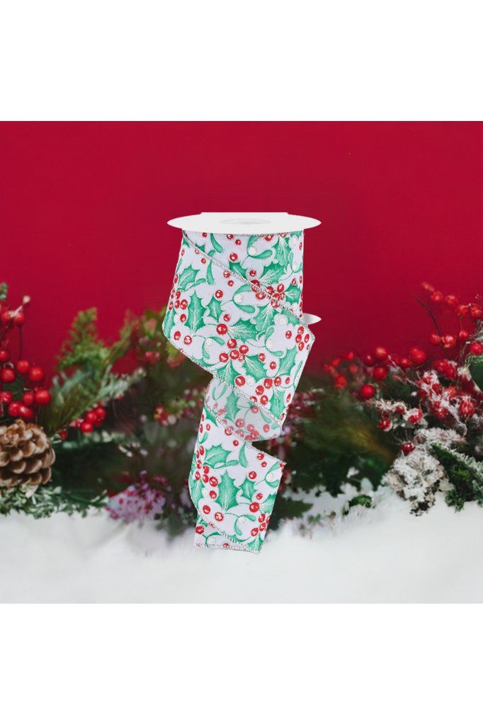 Shop For 2.5" Holly Berry Mistletoe Ribbon: White/Mint (10 Yards) at Michelle's aDOORable Creations