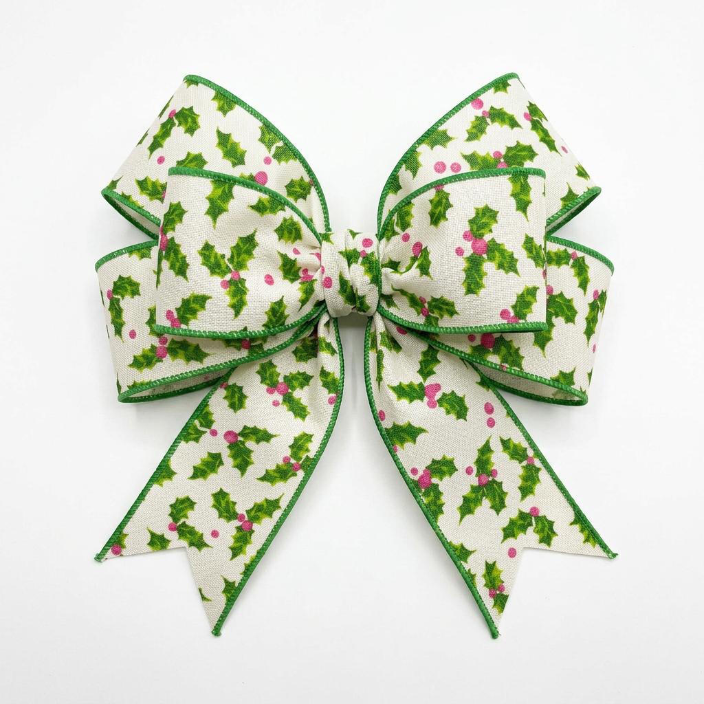 Close-up of red and green holly patterned wired edge ribbon