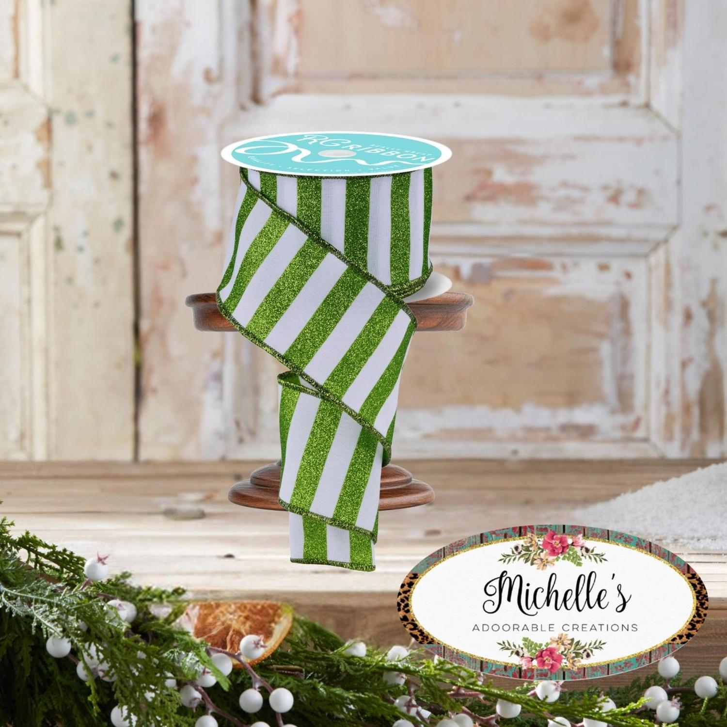 2.5" Horizontal Glitter Stripes Ribbon: Lime & White (10 Yards)