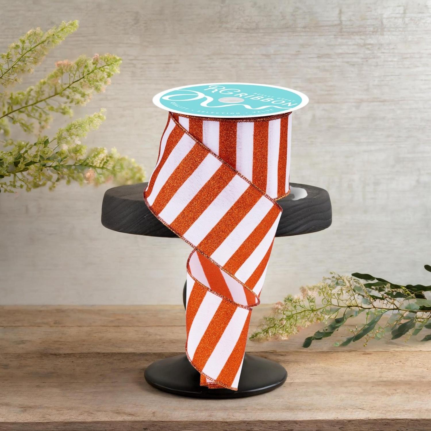 2.5" Horizontal Glitter Stripes Ribbon: Orange & White (10 Yards)