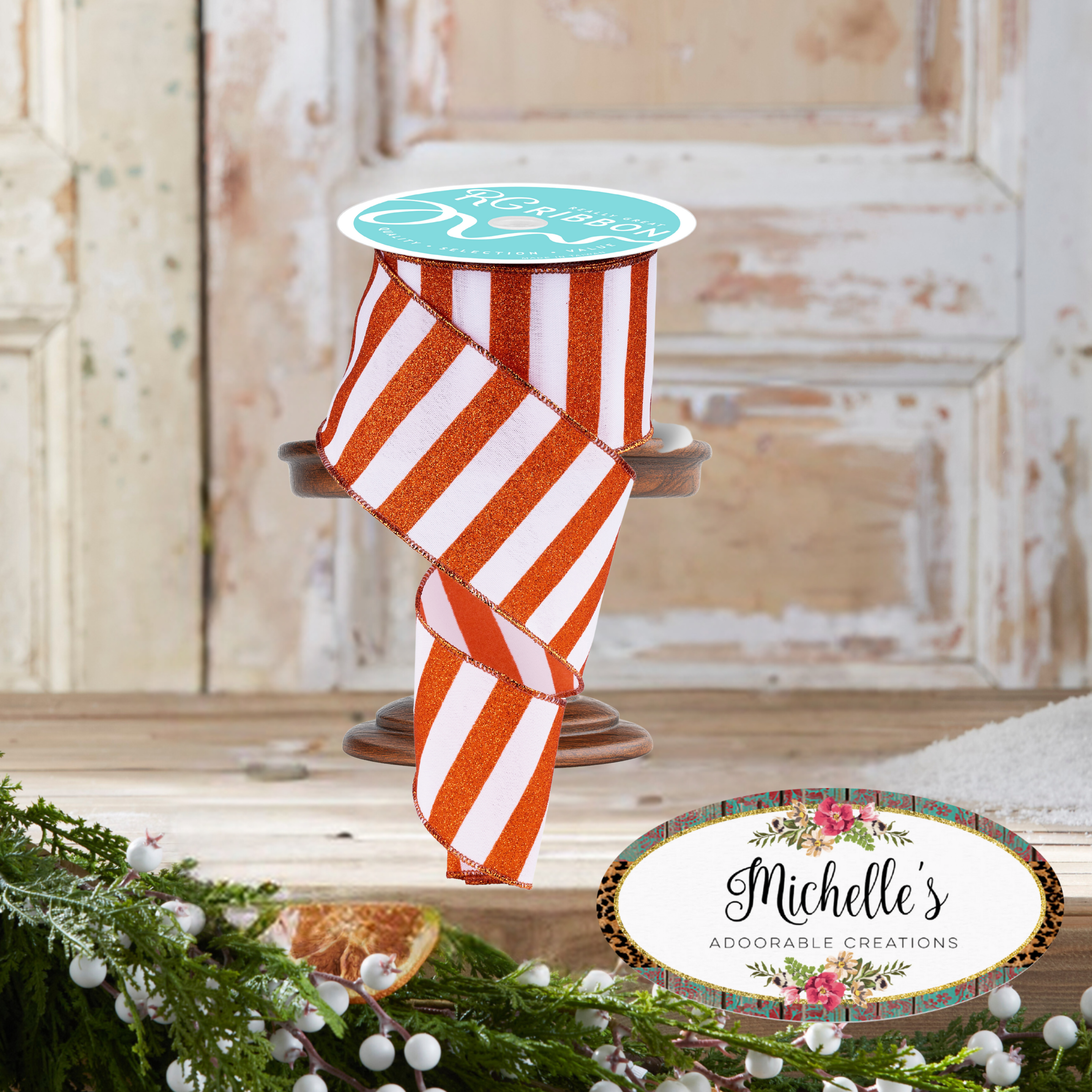 Shop For 2.5" Horizontal Glitter Stripes Ribbon: Orange & White (10 Yards)