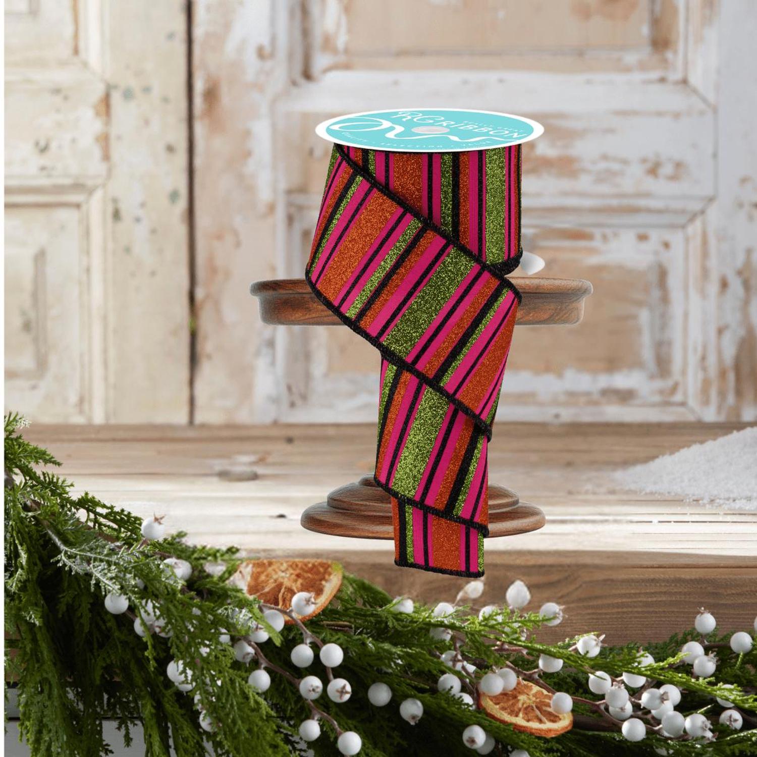 2.5" Horizontal Stripe Ribbon: Pink/Lime/Orange (10 Yards)