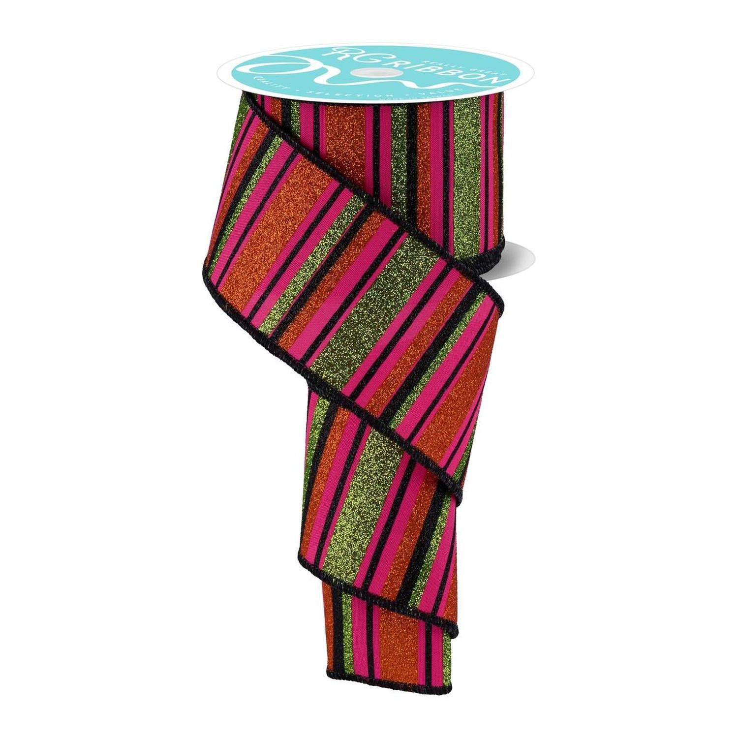 2.5" Horizontal Stripe Ribbon: Pink/Lime/Orange (10 Yards)