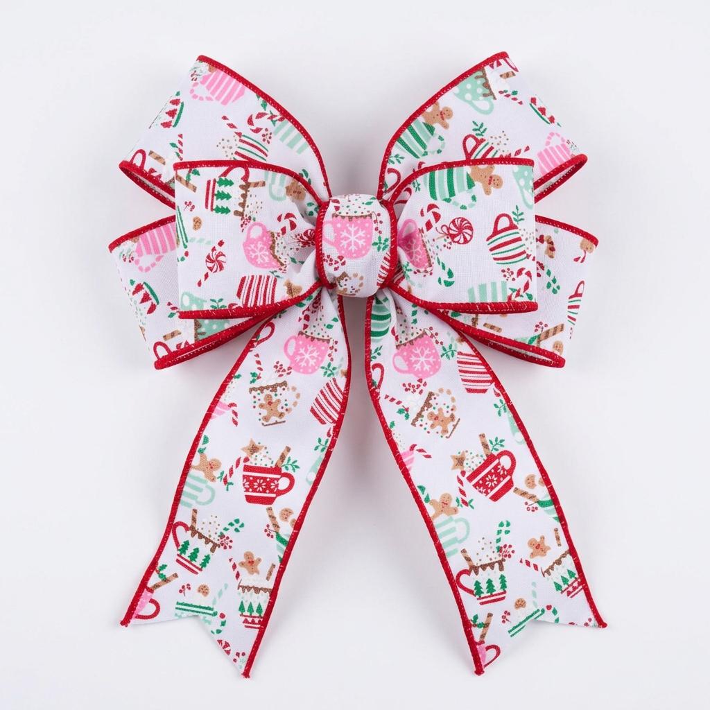 Pre-tied bow of white wired ribbon featuring gingerbread and mug design