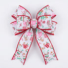 Pre-tied bow of white wired ribbon featuring gingerbread and mug design