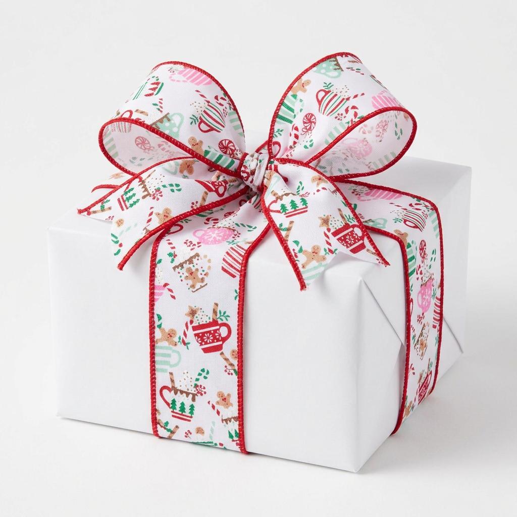 Gift box wrapped with festive hot cocoa mug wired ribbon bow