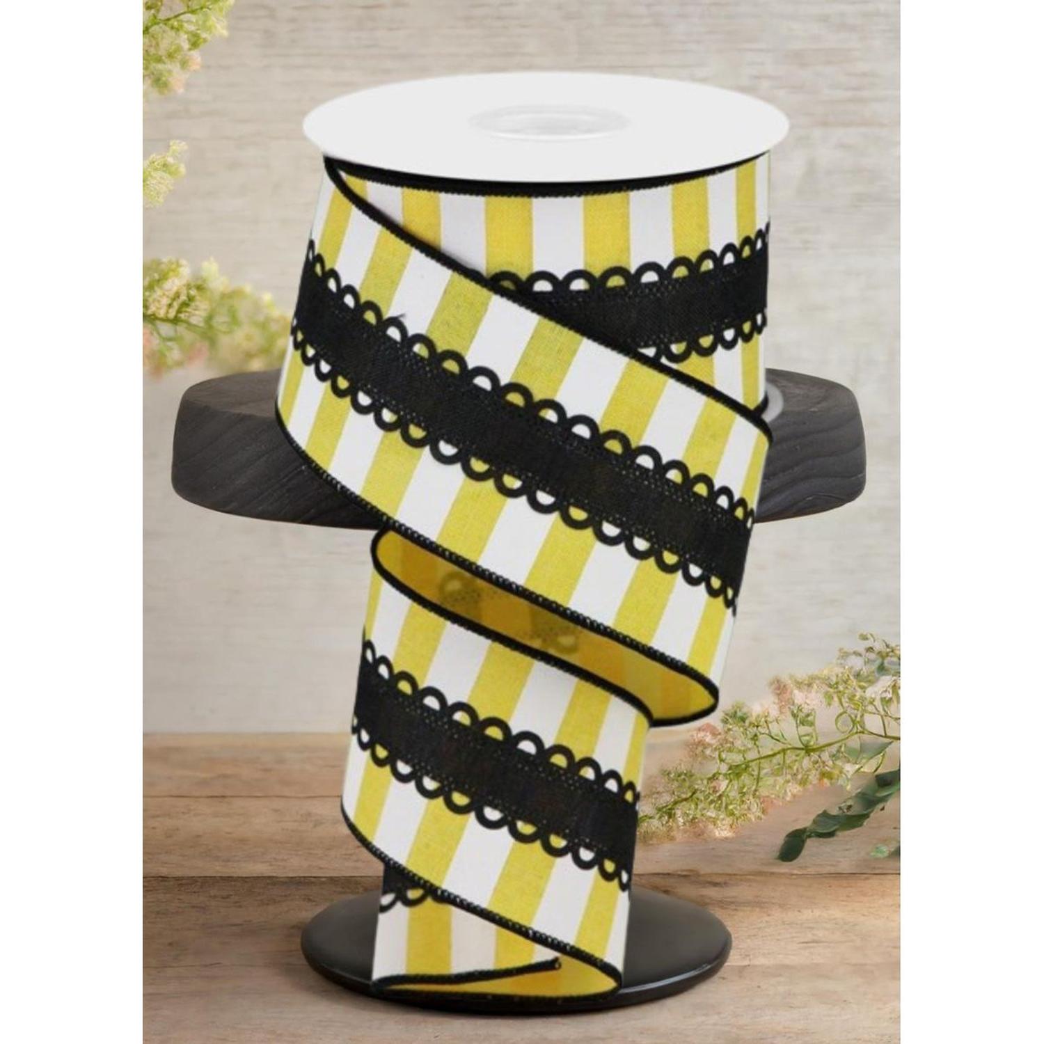 2.5" Lace On Horizontal Stripe Ribbon: Black, Yellow, White (10 Yards)