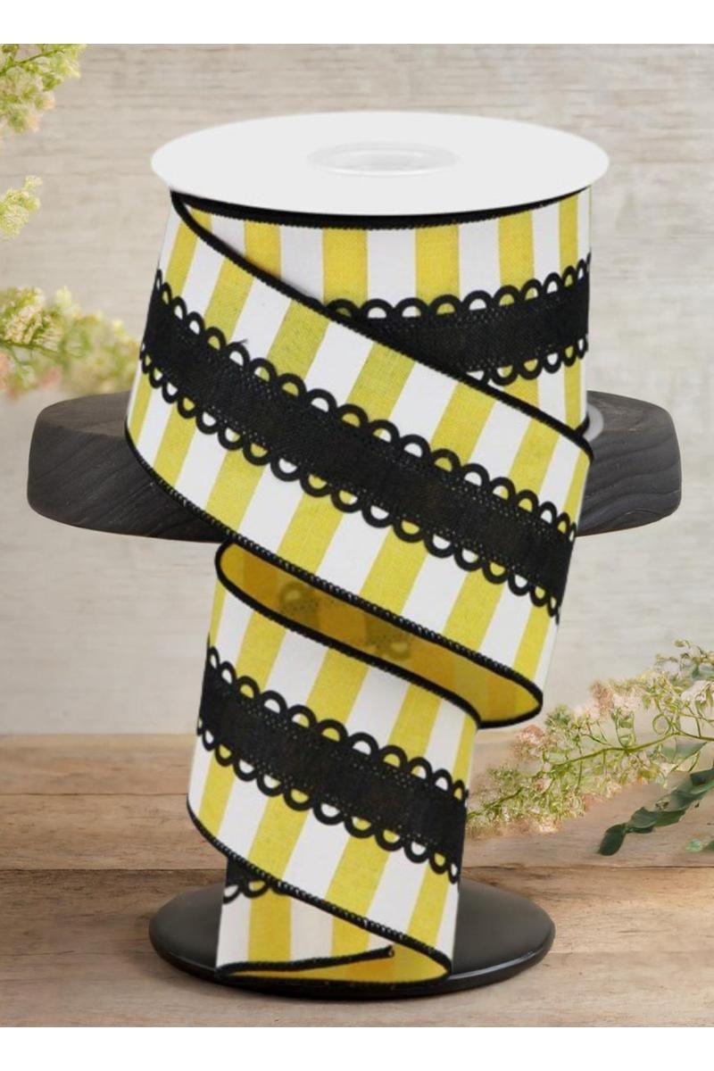 Shop For 2.5" Lace On Horizontal Stripe Ribbon: Black, Yellow, White (10 Yards)