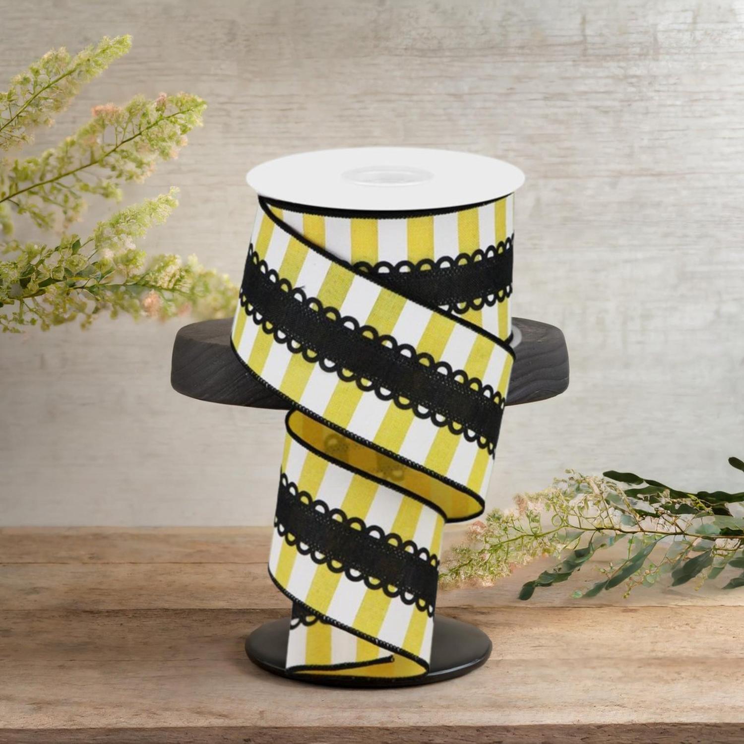 2.5" Lace On Horizontal Stripe Ribbon: Black, Yellow, White (10 Yards)